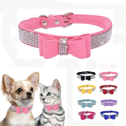 Bling Hundehalsband für mittelgroße Hunde, Mädchen, mit Strasssteinen, glitzernd, mit Schleife, verstellbar für XXS, XS, kleine, mittelgroße und große Rassen, Hündinnen, Rosa, M von WeimoMonkey