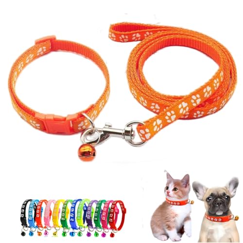 Glöckchenhalsband für kleine Hunde, Nylon, reflektierend, Pfotenabdruck, für XXS / XS / kleine Katzen, Welpen, Tierstreu, kleines Kätzchen, Orange von WeimoMonkey