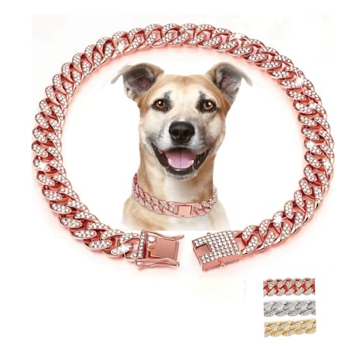 Hundehalsband, Diamant-Halskette, Metall, kubanisches Glieder-Hundehalsband, 13 mm breit, Haustierschmuck für Welpen, kleine, mittelgroße und große Hunde, Katzen, Roségold (35,6 cm) von WeimoMonkey