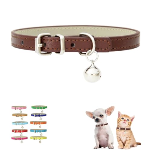 Hundehalsband XS mit Glöckchen, Halsband für Jungen und Kätzchen, weiches Kunstleder, verstellbar für XXS, XS, kleine Haustiere, Tierstreu, kleines Kätzchen, männlich, Braun, XS von WeimoMonkey