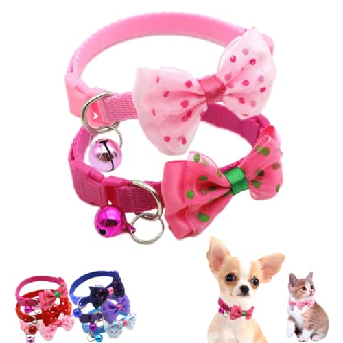 Hundehalsband mit Glöckchen, Welpenhalsband mit Glöckchen, niedliches Katzenhalsband für Mädchen mit Fliege, verstellbar für XXS, XS, kleine Hündinnen, Haustiere, Kätzchen, Tier, Rosa + Hot Pink, 2 von WeimoMonkey