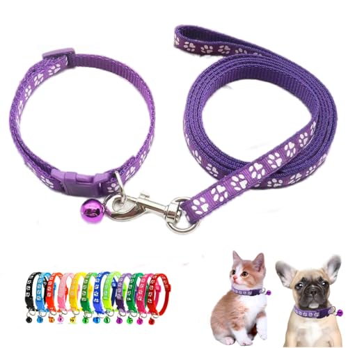 Hundehalsband mit Glöckchen-Leine, Nylon, reflektierend, für Mädchen und Jungen, Pfotenabdruck für XXS, XS, kleine Katze, Haustierstreu, kleines Kätzchen, Dunkelviolett von WeimoMonkey