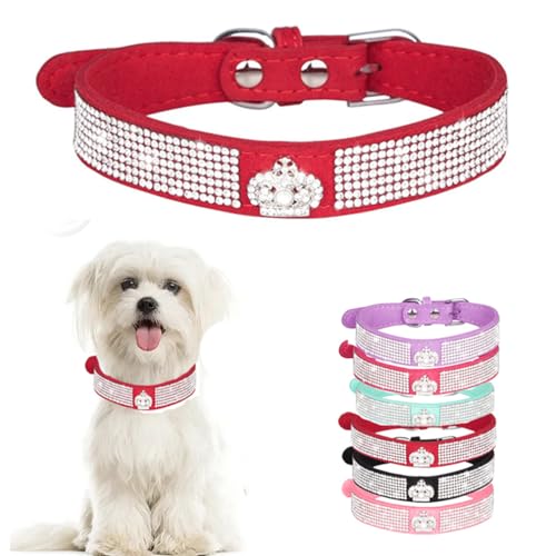 Hundehalsband mit Strasssteinen, glitzernd, für Welpen, Katzen, Haustierhalsband für XXS, XS, kleine, mittelgroße Mädchen, Hunde, weibliches Kätzchen, Krone, Rot, Größe M von WeimoMonkey