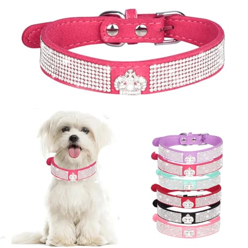 Hundehalsband mit Strasssteinen, glitzernd, glitzernd, für Welpen, Katzen, Haustierhalsband für XXS, XS, kleine, mittelgroße Mädchen, Hunde, weibliches Kätzchen, Krone, Rosarot, Größe L von WeimoMonkey