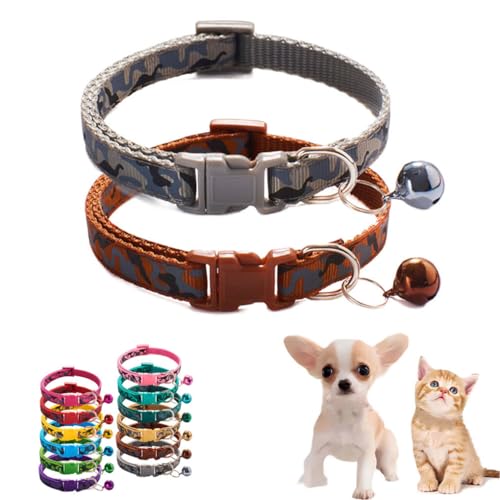 Kleine Glocke für Hundehalsband, 2er-Pack, einfaches Kätzchen-Glöckchen-Halsband, für kleine Welpen, verstellbar, für XXS, XS, kleine Haustiere, Tierstreu, kleines Kätzchen, männlich, Braungrau, XS von WeimoMonkey