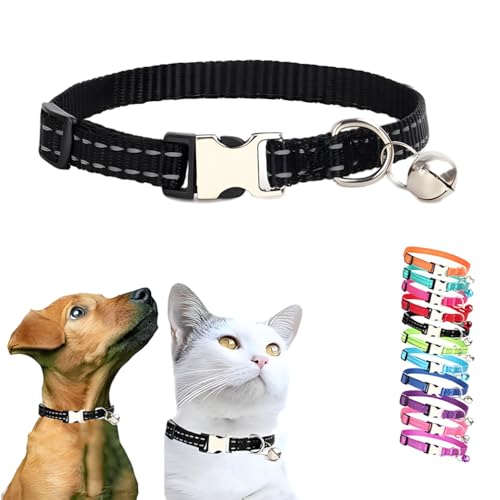 Nylon-Katzenhalsband mit Glöckchen, reflektierend, Schnellverschluss-Metallschnalle, verstellbar, für Katzen und kleine Hunde, Mädchen, Jungen, Einheitsgröße, Schwarz von WeimoMonkey