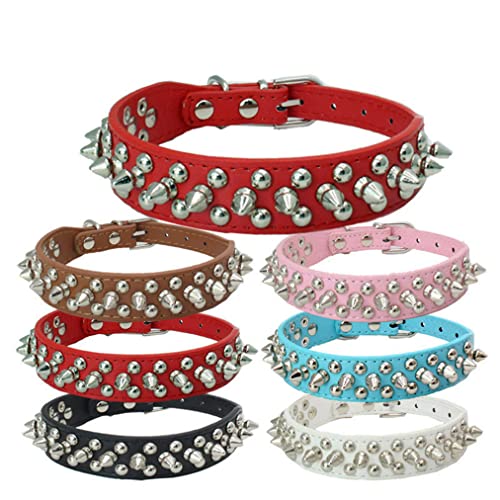 Spiked Hundehalsband Kleine Nieten Spike Nieten Welpen Mädchen Weiblicher Junge Kleine Katze Kätzchen Verstellbare Halsbänder PU Leder für XSmall Kleine Mittlere Große Rasse Männliche Stachelnieten Pilze Halsband Rot M von WeimoMonkey