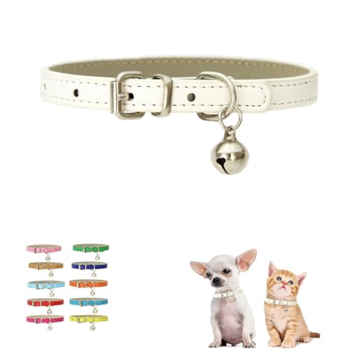 Weißes Welpenhalsband mit Glöckchen, XXS, für Jungen und Katzen, weiches Kunstleder, verstellbar für XXS, XS, kleine Haustiere, Tierstreu, kleine Kätzchen, weibliche Mädchen, Größe XXS von WeimoMonkey