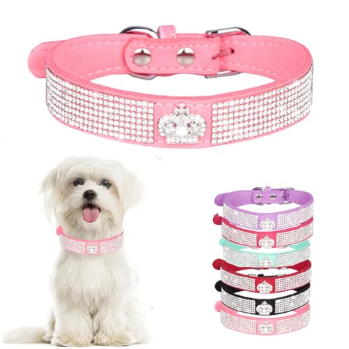 Welpenhalsband, Strass-Glitzer, glitzernd, Katzen-Haustier-Halsband für XXS, XS, kleine, mittelgroße Mädchen, Hunde, weibliches Kätzchen, Krone, Rosa, Größe S von WeimoMonkey