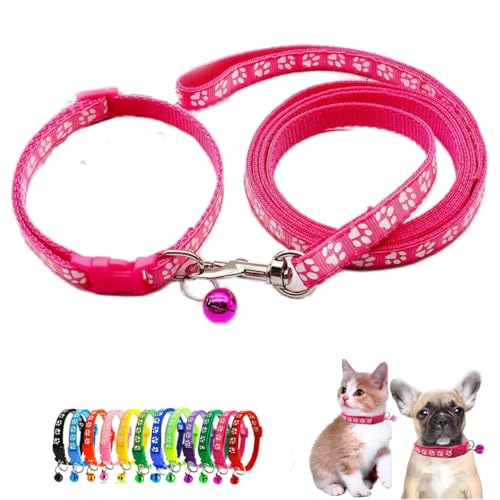 XS Hundehalsband, Leine, Nylon, Welpenhalsbänder mit Glockenpfotenabdruck, reflektierend, für kleine Hunde, Mädchen für XXS, XS, kleine Haustiere, Tierstreu, winzig, Hot Pink von WeimoMonkey