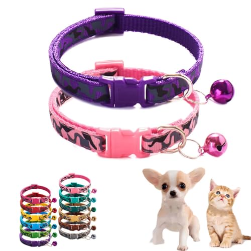 XS Welpenhalsband für Mädchen, 2er-Pack, Basic für Hundehalsband, kleine Katzenhalsbänder mit Glöckchen, verstellbar, für XXS, XS, kleine Haustiere, Tierstreu, kleine Kätzchen, weiblich, Rosa/Lila, XS von WeimoMonkey