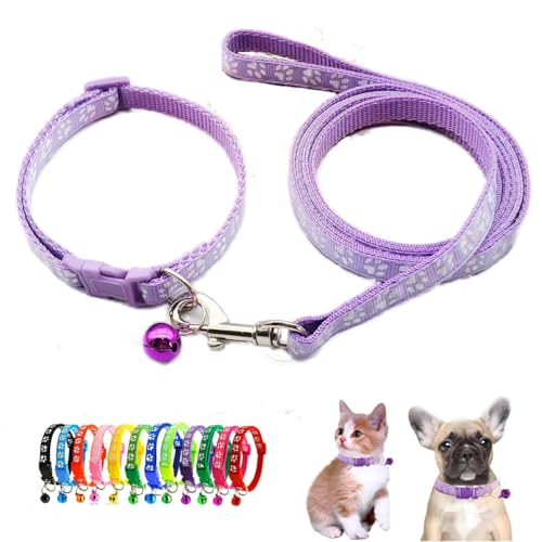 XXS Hundehalsband mit Glöckchen-Leine, Nylon, reflektierend, Pfotenabdruck, für Jungen, Mädchen, XS, kleine Katze, Haustierstreu, kleines Kätzchen, Blassviolett von WeimoMonkey