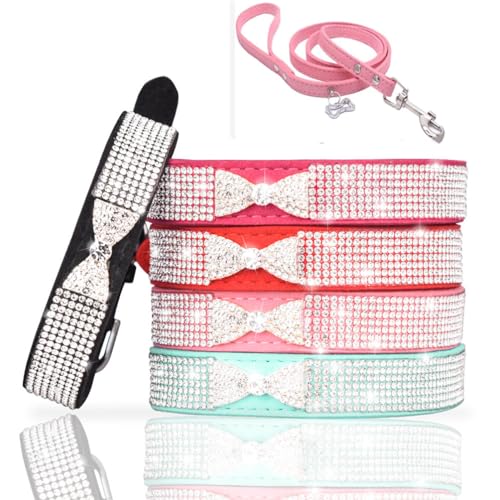 Bling Hundehalsband Leine Set Kleine Fliege Strass Welpenhalsbänder für Katze Mädchen Weiblich Junge Kätzchen Kristall Diamant mit Leine Kit Hundehalsband & Leine Gurt Gürtel Ziehen Hot Rose Red L von Weimostar