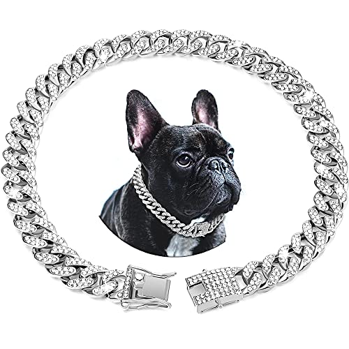 Hundehalsband mit Diamanten, 13 mm breit, Metall, Welpen, kubanische Halskette, niedlicher Modeschmuck, Zubehör für kleine, mittelgroße und große Haustiere, Katzen, Silber, 30,5 cm von Weimostar