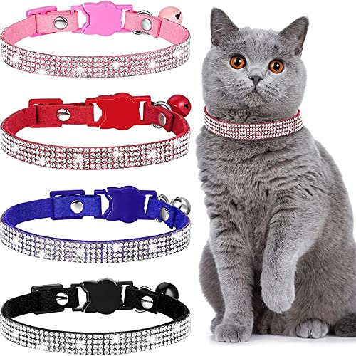 Katzenhalsband mit Glöckchen für Jungen und Mädchen, Strasssteine, verstellbar, weiches Leder, niedlich, Welpen, Hundehalsband, Haustier, Kätzchen, Kätzchen, Rosa, Größe XS von Weimostar