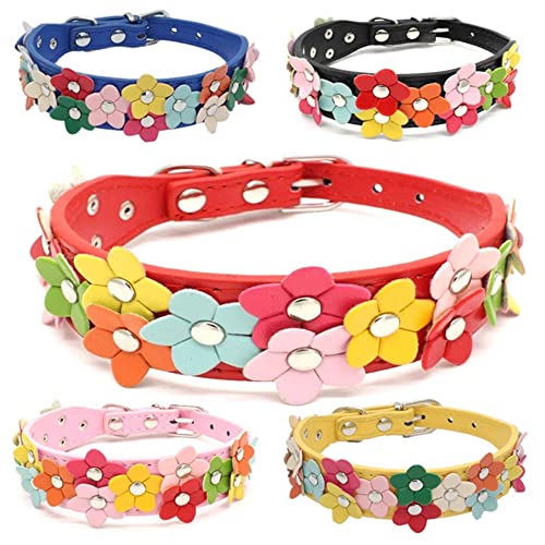 Weimostar Blumen-Hundehalsband, buntes PU-Leder, niedlich, weich, verstellbar, für Mädchen, Katzen, Kätzchen, Rot, Größe M von Weimostar