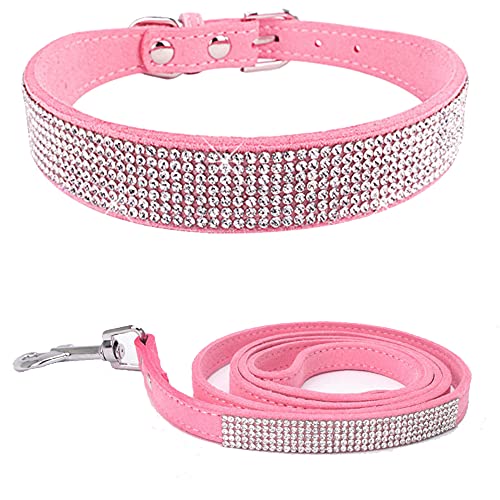 Weimostar Hundehalsband, schillernd, funkelnd, Kristall, Strass, verstellbar, für Welpen, Katzen, Haustiere, Halsband und Leine, Set, Rosa, Größe M von Weimostar