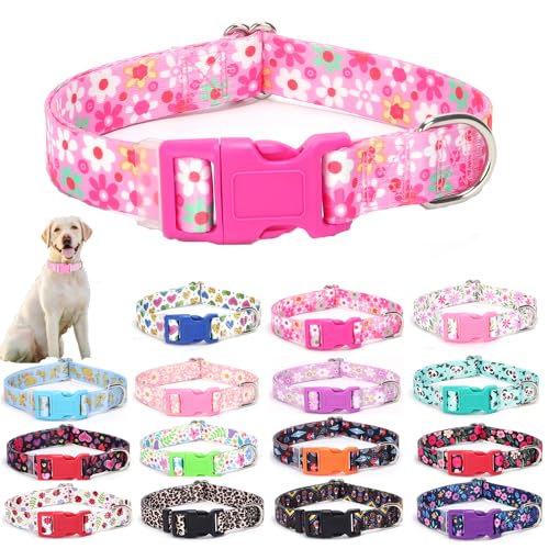 Weimostar Hundehalsband mit Blumenmuster, weich, bequem, verstellbare Schnalle, niedlich, strapazierfähiges Nylon, Welpenhalsband für XS, S, M, L, Haustiere, Mädchen, Katze, Kätzchen, Hot Pink mit von Weimostar