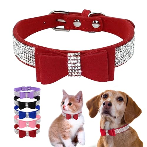 Weimostar Hundehalsband mit Schleife, Kristall, Strass, verstellbar, weich, für Welpen, Katzen, Haustier-Halsbänder, Rot, Größe L von Weimostar