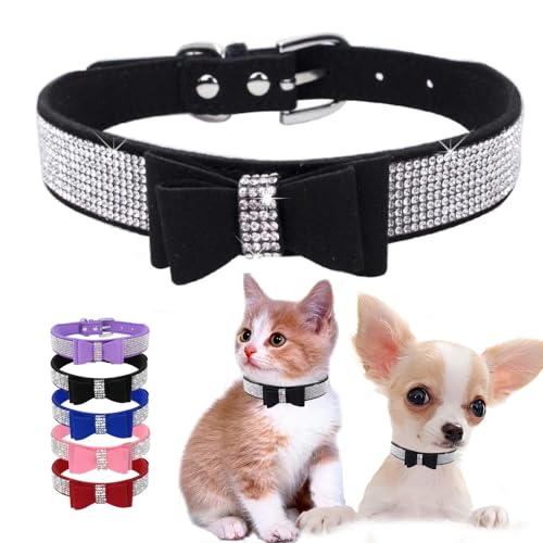 Weimostar Hundehalsband mit Schleife, Kristall, Strass, verstellbar, weich, für Welpen, Katzen, Haustier-Halsbänder, Schwarz, Größe M von Weimostar