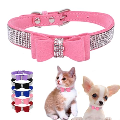 Weimostar Hundehalsband mit Schleife, Kristall, Strass, verstellbar, weich, für Welpen, Katzen, Haustiere, Rosa, Größe M von Weimostar