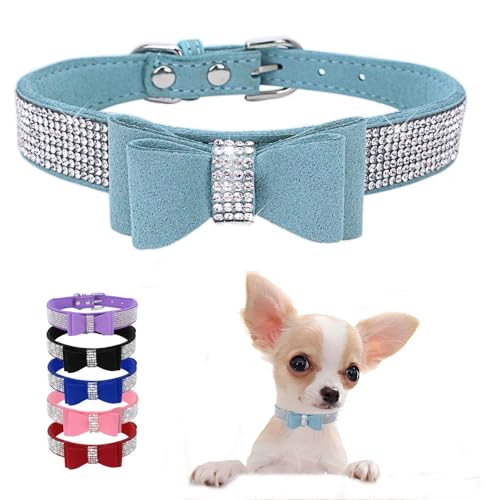 Weimostar Hundehalsband mit Schleife Kristall Strass Verstellbar Weich Welpen Katze Haustier Halsbänder Hellblau Medium von Weimostar