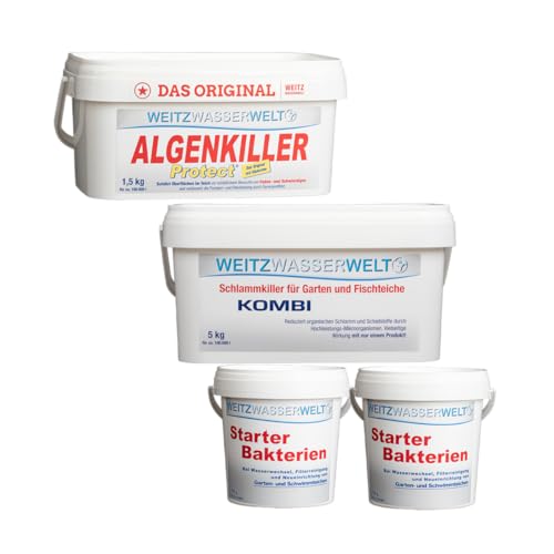 ALLinONE STARTERSET - Teich Oberflächenschutz, Schlammentferner & Teichbakterien - ALGENKILLER Protect® stark gegen Algen, Kombi Schlammkiller für Schlammreduktion & Starter Bakterien für Bio-Balance von Weitz-Wasserwelt