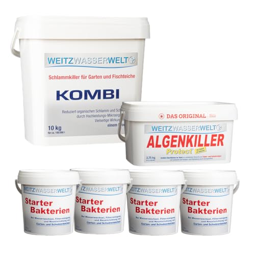 ALLinONE STARTERSET - Teich Oberflächenschutz, Schlammentferner & Teichbakterien - ALGENKILLER Protect stark gegen Algen, KOMBI Schlammkiller für Schlammreduktion & Starter Bakterien für Bio-Balance L von Weitz-Wasserwelt