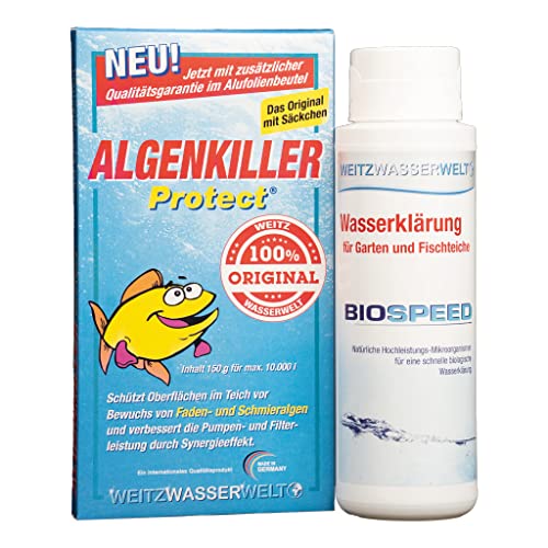 SCHNELLKLAR SPARSET -Biologische Schnellreinigung der Teiche. Stark gegen Algen, Schlamm, Wassertrübungen - BIOSPEED & ALGENKILLER Protect im DUO pack. Erzeugen ein stabiles ökologisches Gleichgewicht von Weitz-Wasserwelt