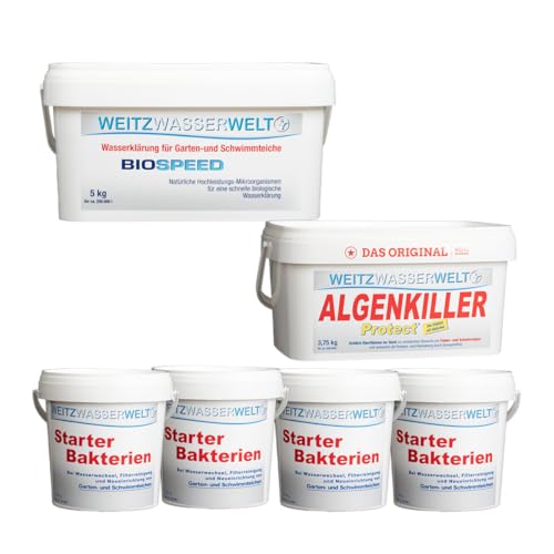 SCHNELLKLAR+ SPARSET - Biologische Schnellreinigung der Teiche. Stark gegen Algen, Schlamm, Wassertrübungen - BIOSPEED & ALGENKILLER Protect im Duo Pack Mit Starter-Bakterien für den extra Boost L von Weitz-Wasserwelt