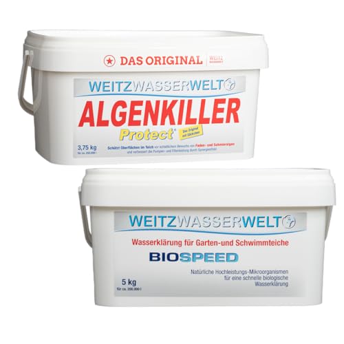 SCHNELLKLAR SPARSET -Biologische Schnellreinigung der Teiche. Stark gegen Algen, Schlamm, Wassertrübungen - BIOSPEED & ALGENKILLER Protect im DUO pack. Erzeugen ein stabiles Öko-Gleichgewicht 200.000L von Weitz-Wasserwelt