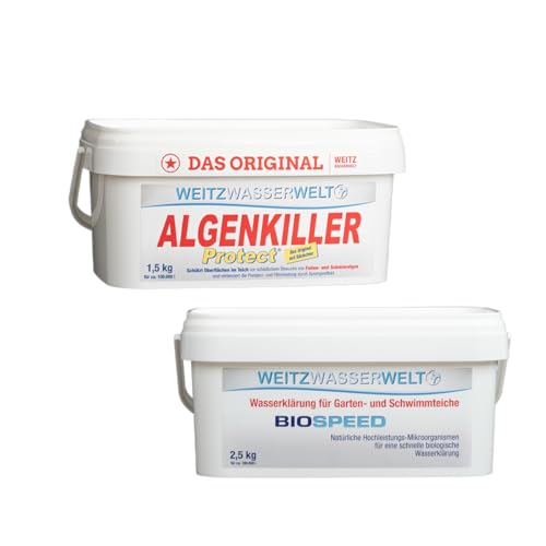 SCHNELLKLAR SPARSET -Biologische Schnellreinigung der Teiche. Stark gegen Algen, Schlamm, Wassertrübungen - BIOSPEED & ALGENKILLER Protect im DUO pack. Erzeugen ein stabiles Öko-Gleichgewicht 100.000L von Weitz-Wasserwelt