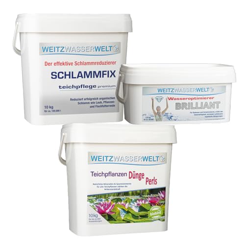 SCHWIMMTEICHKLAR & PFLANZENPFLEGE Set - Schlammentferner, Wasseroptimierer & Teichpflanzen Dünger - das ideale Teich Zubehör für klares Wasser im Fischteich und prachtvolle Sumpf- & Wasserpflanzen M von Weitz-Wasserwelt