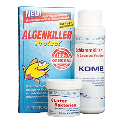 ALLinONE STARTERSET - Teich Oberflächenschutz, Schlammentferner & Teichbakterien - ALGENKILLER Protect stark gegen Algen, Kombi Schlammkiller für Schlammreduktion & Starter Bakterien für Bio-Balance S von Weitz-Wasserwelt