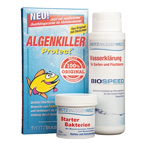 SCHNELLKLAR+ SPARSET - Biologische Schnellreinigung der Teiche. Stark gegen Algen, Schlamm, Wassertrübungen - BIOSPEED & ALGENKILLER Protect im Duo Pack Mit Starter-Bakterien für den extra Boost S von Weitz-Wasserwelt