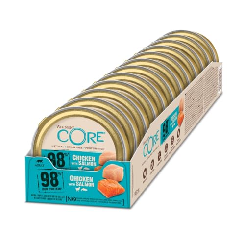 Wellness CORE 98 Prozent Huhn & Lachs, 12 x 85 g, Nassfutter für ausgewachsene Katzen, Katzenfutter Pastete, ohne Zuckerzusatz, getreidefrei, mit hohem Fleischanteil von Wellness CORE