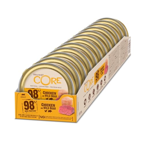 Wellness CORE 98 Prozent Huhn & Wildschwein, 12 x 85 g, Nassfutter für ausgewachsene Katzen, Katzenfutter Pastete, ohne Zuckerzusatz, getreidefrei, mit hohem Fleischanteil von Wellness CORE