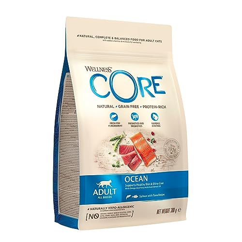 Wellness CORE Ocean, Lachs & Thunfisch, 300 g, Katzenfutter trocken für ausgewachsene Katzen, ohne Zuckerzusatz, getreidefei, mit hohem Fleischanteil, fördert ein glänzendes Fell von Wellness CORE