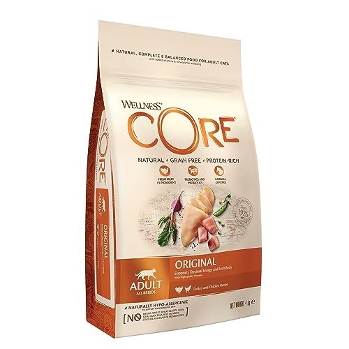 Wellness CORE Original, Pute & Huhn, 4 kg, Katzenfutter trocken für ausgewachsene Katzen, ohne Zuckerzusatz, getreidefrei, mit hohem Fleischanteil, beugt Haarballen vor von Wellness CORE