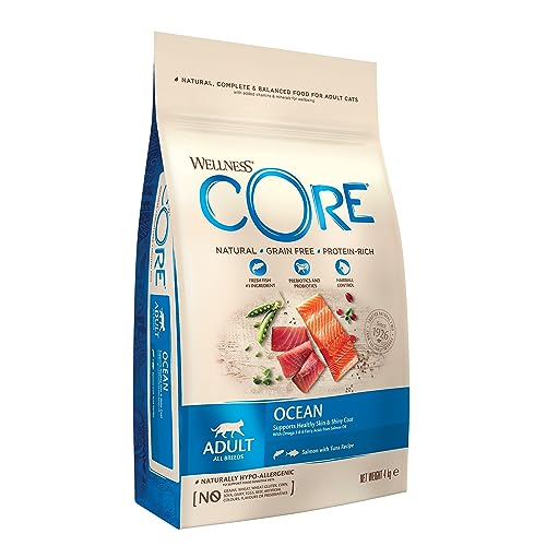 Wellness CORE Ocean, Lachs & Thunfisch, 4 kg, Katzenfutter trocken für ausgewachsene Katzen, ohne Zuckerzusatz, getreidefei, mit hohem Fleischanteil, fördert ein glänzendes Fell von Wellness CORE