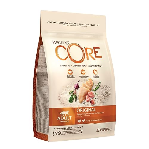 Wellness CORE Original, Pute & Huhn, 300 g, Katzenfutter trocken für ausgewachsene Katzen, ohne Zuckerzusatz, getreidefrei, mit hohem Fleischanteil, beugt Haarballen vor von Wellness CORE