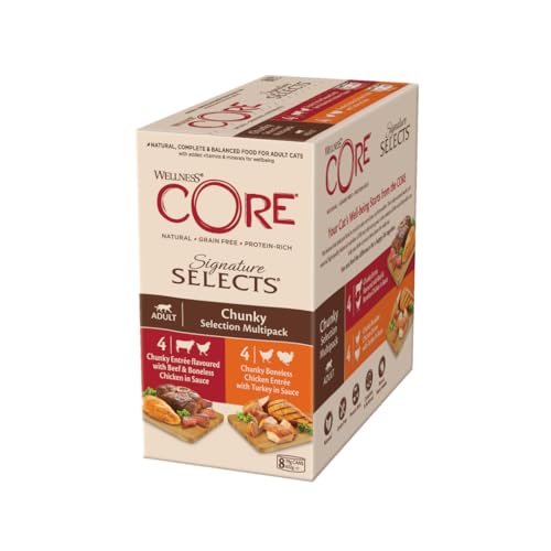 Wellness CORE Signature Selects, Chunky Selection Mix, 8 x 79 g, Nassfutter für ausgewachsene Katzen in Sauce, ohne Zuckerzusatz, getreidefrei, mit hohem Fleischanteil von Wellness CORE