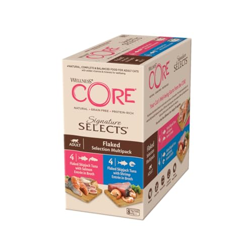 Wellness CORE Signature Selects, Flaked Selection Mix, 8 x 79 g, Nassfutter für ausgewachsene Katzen in Brühe, ohne Zuckerzusatz, getreidefrei, mit hohem Fleischanteil von Wellness CORE