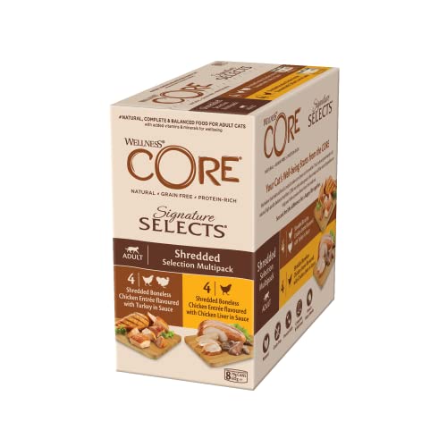 Wellness CORE Signature Selects, Shredded Selection Mix, 8 x 79 g, Nassfutter für ausgewachsene Katzen in Sauce, ohne Zuckerzusatz, getreidefrei, mit hohem Fleischanteil von Wellness CORE