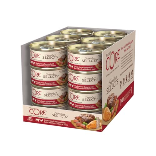 Wellness CORE Signature Selects, Chunky Rind & Huhn, 24 x 79 g, Nassfutter für ausgewachsene Katzen in Sauce, ohne Zuckerzusatz, getreidefrei, mit hohem Fleischanteil von Wellness CORE