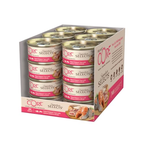 Wellness CORE Signature Selects, Flaked Bonito & Lachs, 24 x 79 g, Nassfutter für ausgewachsene Katzen in Brühe, ohne Zuckerzusatz, getreidefrei, mit hohem Fleischanteil von Wellness CORE