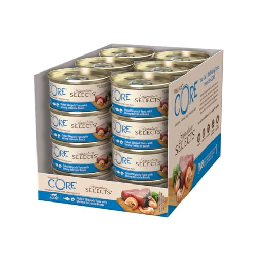 Wellness CORE Signature Selects, Flaked Bonito & Garnelen, 24 x 79 g, Nassfutter für ausgewachsene Katzen in Brühe, ohne Zuckerzusatz, getreidefrei, mit hohem Fleischanteil von Wellness CORE