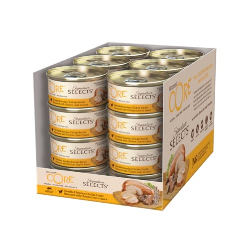 Wellness CORE Signature Selects, Shredded Huhn & Hühnerleber, 24 x 79 g, Nassfutter für ausgewachsene Katzen in Sauce, ohne Zuckerzusatz, getreidefrei, mit hohem Fleischanteil von Wellness CORE