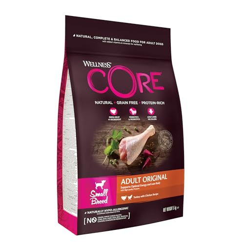 Wellness CORE Small Breed Original, Pute & Huhn, 5 kg, Hundefutter trocken für ausgewachsene Hunde kleiner Rassen, ohne Zuckerzusatz, getreidefrei, mit hohem Fleischanteil von Wellness CORE