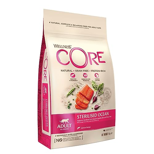 Wellness CORE Sterilised Ocean, Lachs & Thunfisch, 4 kg, Katzenfutter trocken für sterilisierte Katzen, ohne Zuckerzusatz, getreidefrei, mit hohem Fleischanteil, fördert ein glänzendes Fell von Wellness CORE